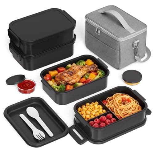 Bento Box Adults Lunch Box - 2130ml Lunch Box for Men with Insulated Lunch Bag, Utensils & Sauce Container, Leak Proof Bento Box for Boys, Reusable Plastic Lunch Containers for Work, Meal Prep, Black - Image 1