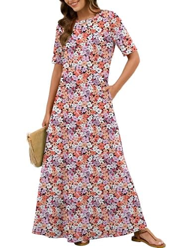 KORSIS Women's Maxi Dresses Mid Sleeve Flowy Summer Fall Winter T-Shirt Cocktail Long Dress Loose Fit Layering Sundress with Pockets Numerous Flower Medium - Image 1