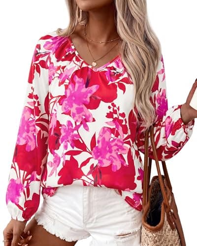 Zenlonr Women's Summer Tops Dressy Casual 2026 V Neck Satin Silk Printed Shirts Boho Long Sleeve Work Blouses(Floral White Rose Red,Medium) - Image 1