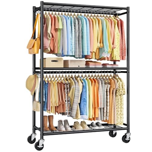 Sakugi Clothes Rack - Double Hanging Rod Clothing Rack with Wheels & Leveling Feet, Large Capacity Wardrobe Closet with Shelves for Bedroom, Laundry Room, Entryway, 45.2" x 12.6" x 80.7", Black - Image 1