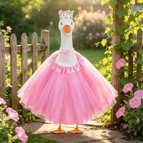 yuboo Pink Princess Porch Goose Outfit, Birthday Costume Goose Outfit Clothes with Crown, Bow Tie and Tutu Skirt for 23 inch Cement Lawn Garden Yard Porch Goose Outdoor Statues Decor - Image 1