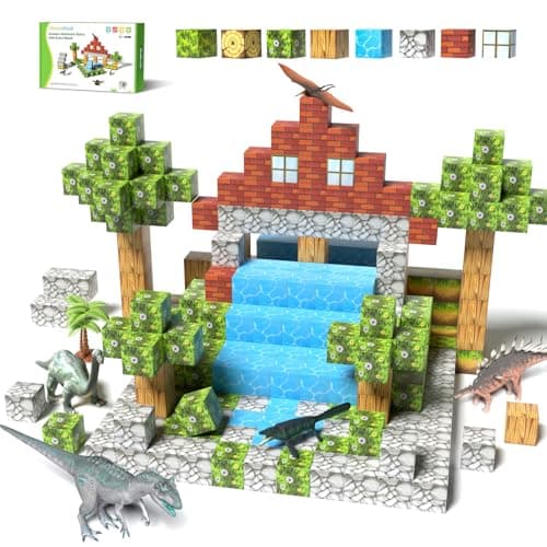 Magnetic Blocks 108PCS, Dinosaur Magnetic Building Blocks with 6 Dinosaur Figures, Stacking Magnetic Building Toys for Kids Ages 3-5 4-8, STEM Educational Construction Toy, Gift for Boys Girls