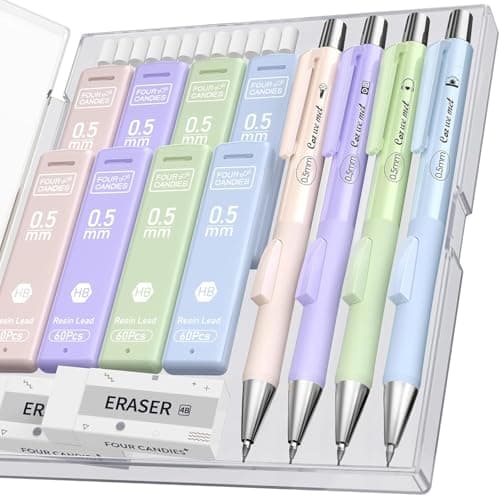 Four Candies Cute Mechanical Pencil Set with Case, 4PCS 0.5mm Pastel Fast Click Aesthetic Mechanical Pencils with 480PCS HB Lead Refills, 2 Erasers, 12 Eraser Refills School Supplies for Girls Writing - Image 1