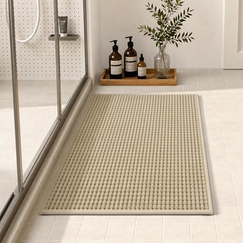 tchdio Bathroom Rugs, Absorbent Quick Dry Thin Bath Mat, Non Slip Washable Bath Rugs with Solid Rubber Backing, Low Profile Bath Mats for Bathroom, Beige, 16" x 24" - Image 1