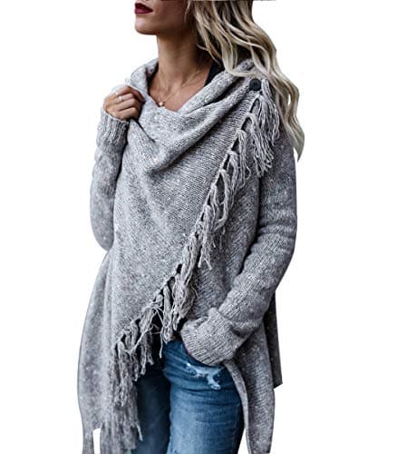 CEASIKERY Women's Tassel Hem Sweater Long Cardigan Knitwer Pullover Poncho Coat Light Gray - Image 1