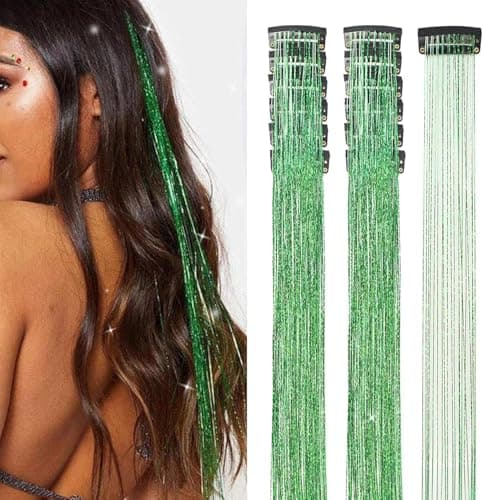 Hair Tinsel 12Pcs Clip in Hair Tinsel Extensions 20.5 Inch Fairy Hair Tinsel Kit for Girls Women Kids Glitter Hair Accessories for Christmas Halloween Cosplay Party (Green)