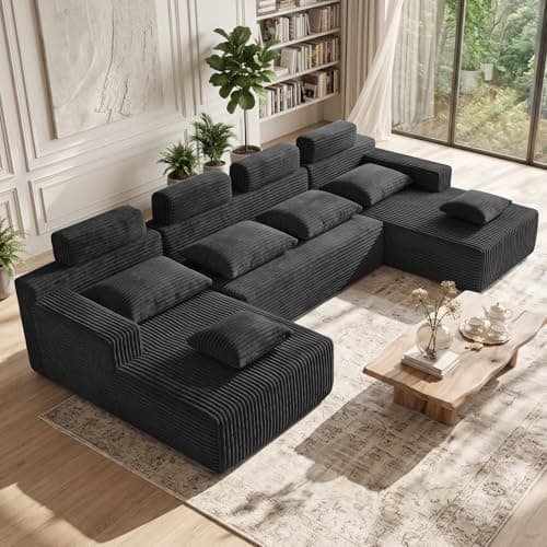 Boneless Couches for Living Room - 134" Modular Sectional Sofa U Shaped Oversized Deep Seat High Back Corduroy No Assembly Modern Cloud Big Comfy Floor Couches (Black) - Image 1