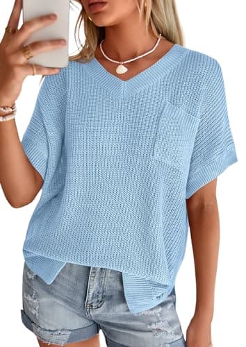 PRETTYGARDEN Women's 2026 Spring Short Sleeve Sweaters Lightweight V Neck Casual Going Out Summer Tops Beach Vacation Clothes (Blue,X-Large) - Image 1