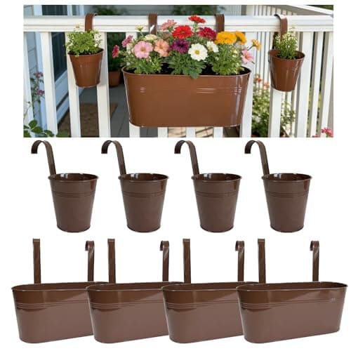 Joyfernal Set of 8 Outdoor Metal Railing Planters Box - 4 Pcs 5.12" Round Balcony Hanging Planter & 4 Pcs 17" Oval Fence Pot with Detachable Hooks Drainage, Chocolate - Image 1