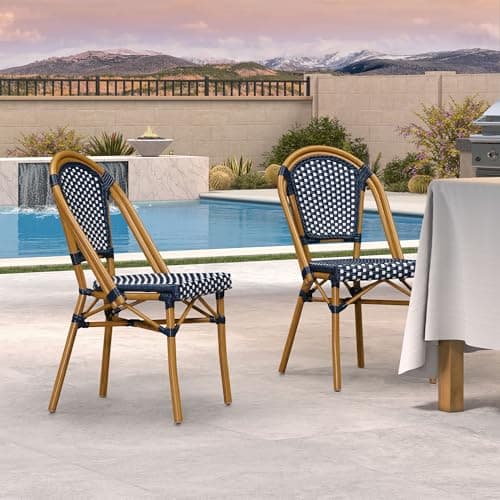 PURPLE LEAF Outdoor Dining Chair Set of 2 Patio French Aluminium Frame in Bamboo Finish with Navy Blue & White Woven Rattan for Kitchen Deck Bistros Cafe Restaurant - Image 1