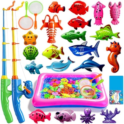 CozyBomB™ Magnetic Fishing Toys Game Set for Kids | Water Table Bathtub Kiddie Pool Party Pole Rod Net, Outdoor Plastic Floating Fish, Toddler Bath Color Ocean Sea Animals Birthday Gift Age 3-5 6 4-8 - Image 1