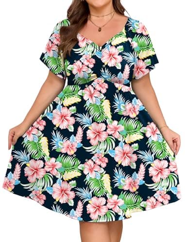HUSKARY Hawaiian Dresses for Women 2026 Summer Plus Size Sweetheart Flare Short Sleeve Knee Length A Line Elastic Waist Casual Midi Dress with Pockets - Image 1