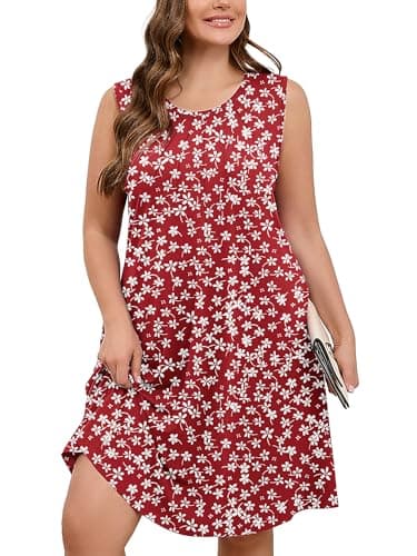 AusLook Plus Size Floral Midi Dress for Women Sleeveless Casual Summer Tank 2X Dress with Pockets Round Neck A-Line Swing Flowy Vacation Beach Sundress - Image 1