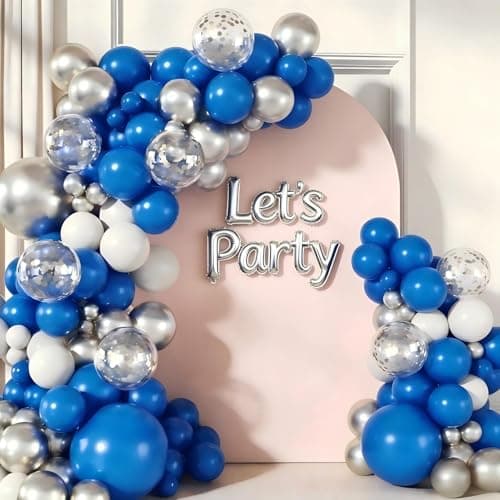 Royal Blue and Silver Balloon Garland Arch Kit, 160Pcs Navy Blue White Silver Latex Balloons with Confetti Balloons for Wedding Graduation New Year Birthday Party Decorations - Image 1