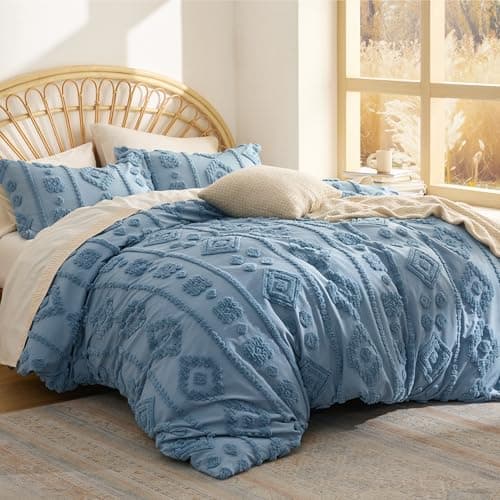 Bedsure Boho Tufted Blue Comforter Set Queen Size, GentleSoft™ 3 Pieces Boho Farmhouse-Style Decor Bedding, Exquisite Bedding for All Seasons, 1 Bed Comforter, 2 Pillow Shams, 90x90 Inches - Image 1