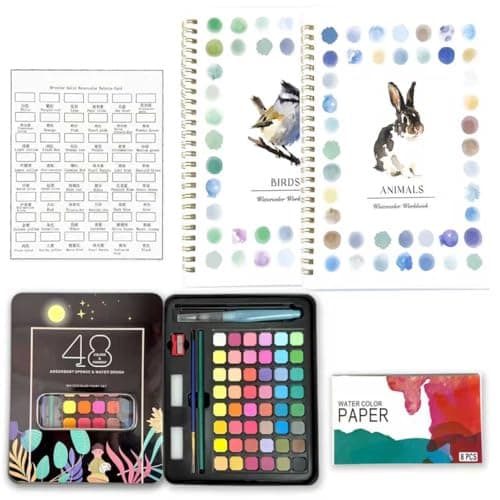 2 Pcs Watercolor Workbooks, Coloring Book Beginner Friendly Painting Kit, 12 Different Patterns of Original DIY Designs, 48 Colors Watercolor Paint Set with Palette and Brush - Image 1