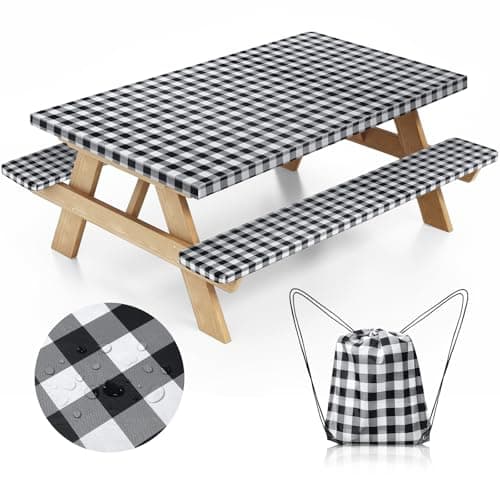 Nimalpal Picnic Table Cover with Bench Covers and Bag, Camping Essentials Camping Table Cover with Elastic Edges, Fitted Rectangle Tables and Seats, 72x30 Inches 3 Pcs Set (Black) - Image 1