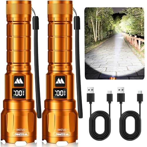 Wdtpro LED Rechargeable Flashlight 2 Pack, 3 Modes Super Bright High Lumens Flashlights, Zoomable Tactical Flash Light with LCD Display, IP65 Waterproof Flashlights for Home Emergency Camping - Orange - Image 1