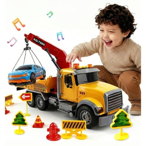 SMILESSKIDDO Toddler Boy Toys for 3 4 5 6 Year Old - 1:12 Large Friction Powered Tow Truck with Light & Sound, Sports Car & Road Signs, Birthday Gifts for Kids, Toddlers Gifts