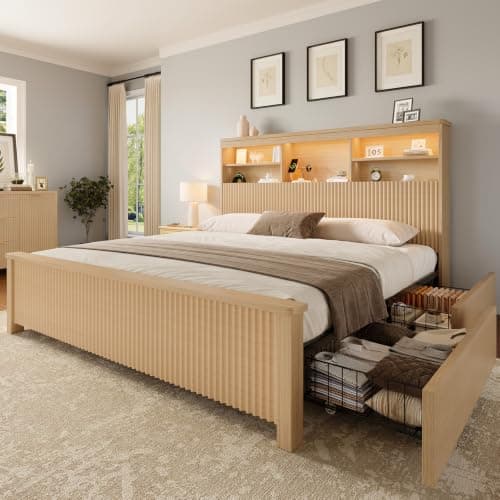 Uteeran Queen Size Bed Frame and Tall Headboard & Storage, Metal Platform Bed Frame with 4 Storage Drawers, Queen Bed Frame with LED Lights & Charging Ports, No Box Spring Needed, Noise-Free, Natural
