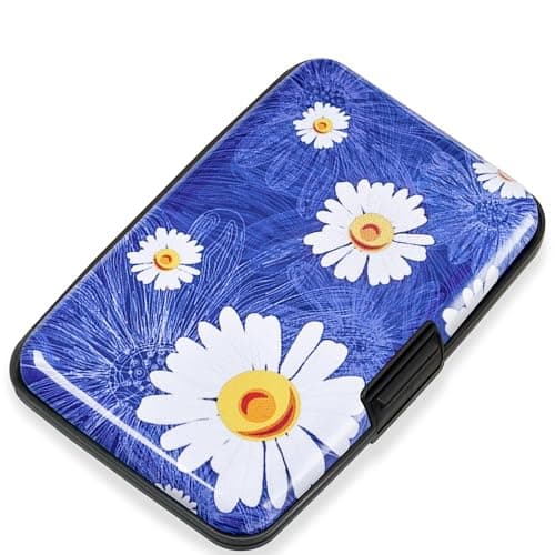 Mayski Credit Card Holder, RFID Blocking, Aluminum Alloy Hard Case, Small Mini Business Metal Wallet for Women Men, White Flower - Image 1