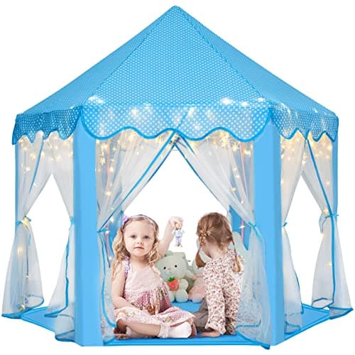 Monobeach Princess Castle Playhouse for Girls - Large Kids Tent with Star Lights for Indoor & Outdoor Play, 55'' x 53'' (DxH) (Blue Princess Tent with Little Star Lights) - Image 1