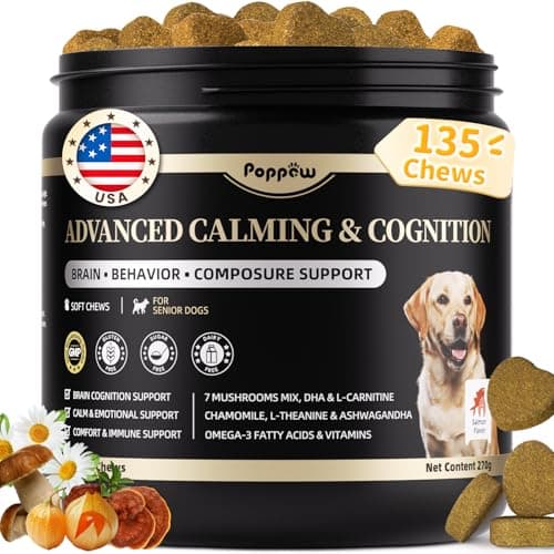 POPPAW Advanced Calming Chews for Dogs-Brain & Composure Support with 7 Mushrooms, Ashwagandha, Omega-3 DHA & EPA, Anxiety Relief Dog Calming Treat, All Breeds & Sizes, Salmon Flavor, 135Ct