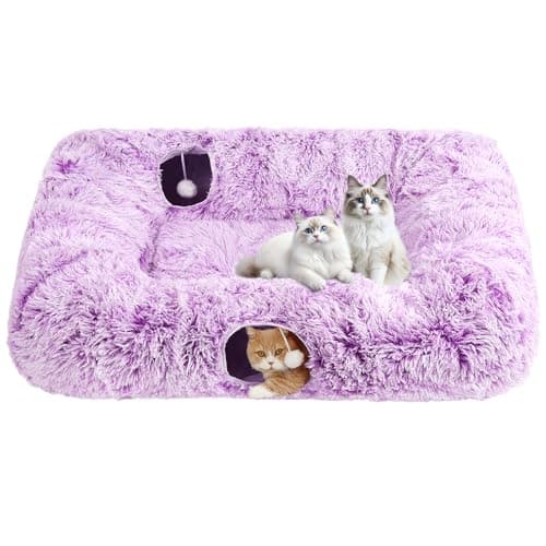 Extra Large Cat Tunnel Bed, 4 Ways Tunnels for Indoor Cats, Multi-cat Family Pet Bed & Cave, Plush Cat Donut with Washable Middle Mat, Exit Balls, Pet Play Toy for Kitten Puppy Rabbit, Purple - Image 1