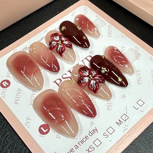10 pcs Handmade Press on Nails, 3D Wine Red Flora Glam Cherry Red Fake Nails,The effect is just like a salon manicure French Reusable Full Cover False Nails,Salon Grade Manicure Almond Coffin Size M - Image 1