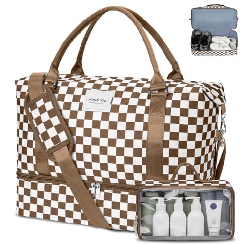 WOOMADA Weekender Overnight Bag for Women, Carry on Shoulder Travel Duffel with Shoes Compartment,Gym Bag with Toiletry Bag(brown checkerboard)