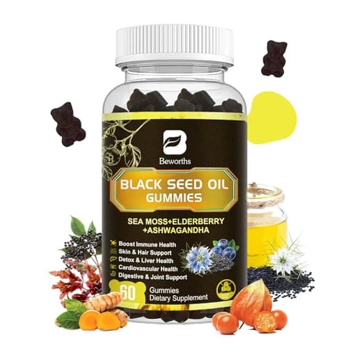 Black Seed Oil Gummies with Ashwagandha & Irish Sea Moss & Elderberry – Immune Support Supplement with Vitamin C, D3, Zinc, Nigella Sativa Black Cumin Gummy for Hair Growth & Joint Health - 60 Vegan - Image 1
