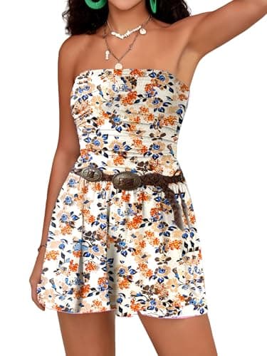 STOLKISS Strapless Rompers for Women Floral Print Shorts Jumpsuits Sleeveless Off Shoulder Loose Tube Top Romper with Pockets - Image 1