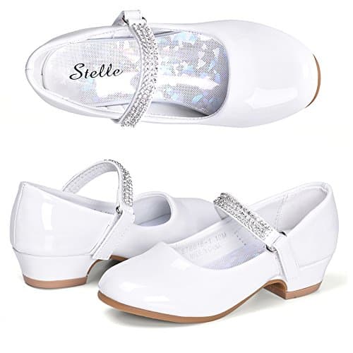 Stelle Girls Mary Jane Dress Shoes Low Heel Glitter Patent Bow Kids Party Wedding Flower Girl School Shoes(Classic Patent-White,3 Big Kid) - Image 1