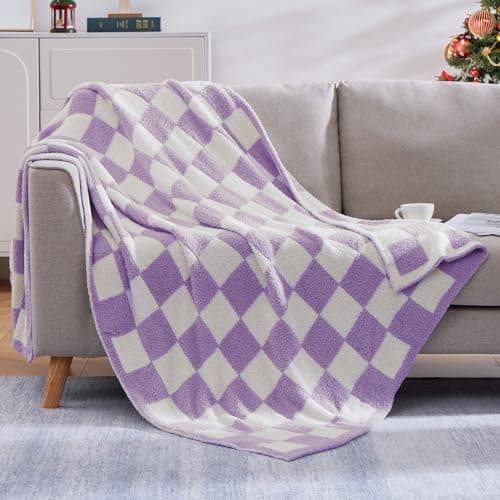 WRENSONGE Checkered Throw Blanket, Purple Soft Cozy Fluffy Warm Hand Made Throw Blankets for Couch, Sofa, Chair, Bed, Camping, Picnic, Travel Lightweight Bed Blanket - 60"*80" - Image 1