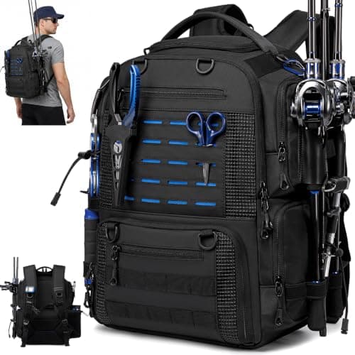 oinitiry Fishing Tackle Backpack with 2 Rod Holders, Multi-Pocket Tactical Bag with Bottle Holder, 50L Large Storage Bag for Fishing Gear and Equipment, Black - Image 1