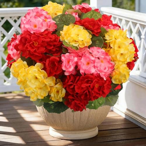 Artificial Flowers for Outdoor, UV Resistant Realistic Geranium Fake Flowers-Faux Flowers for Outdoor planters, Garden, Porch, Patio, Window Box Home Decor All Year Round (6, yellow+red+Pink) - Image 1