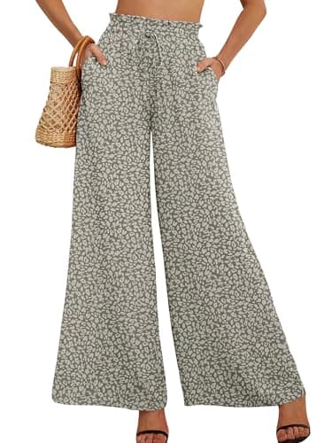 AusLook Women's Wide Leg Dress Pants with Pockets Spots Medium Lightweight Elastic High Waisted Adjustable Tie Knot Flowy Loose Slacks Lounge Casual Ladies Beach Pleated Trousers - Image 1