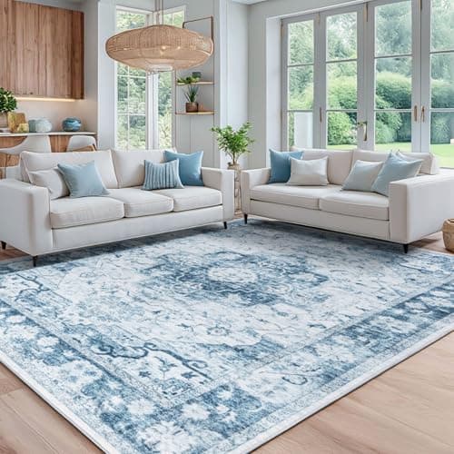 Syalife 9x12 Washable Area Rug, Ultra Soft Non-Slip, Low Pile, Stain Resistant Vintage Area Rug for Living Room, Boho Carpet for Bedroom, Dining Room, Office, Foldable Large Rugs, Light Blue/White