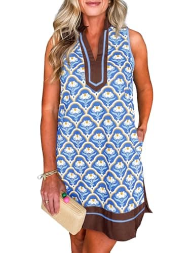 Cicy Bell Womens Summer Floral Print Mini Dress V Neck Sleeveless Color Block Boho Dresses Casual Beach Vacation Outfits - Image 1