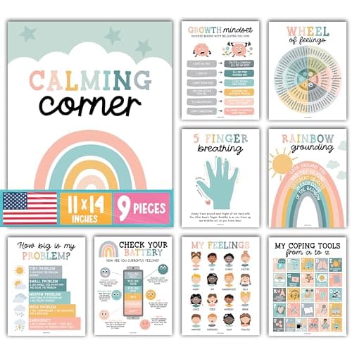 Hadley Designs 9 Calming Corner Posters for Classroom Must Haves - Calm Down Corner Supplies with Emotions Chart, School Counselor Mental Health Poster, Feelings Chart For Kids, Boho Classroom Decor - Image 1