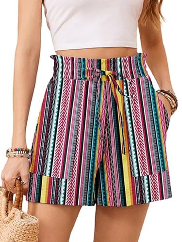 KORSIS Women Shorts High Waist Elastic Summer Lounge Casual Beach Vacation Work Loose Trousers with Pockets Color Blocked Stripes S - Image 1