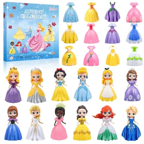 2026 Christmas Advent Calendar 24 Days Christmas Countdown Calendar for Girls, Princess Toys Set with 12 Princess Dolls & 12 Outfits, DIY Dress Up Surprise Box Xmas Gift for Kids Girls Teens - Image 1