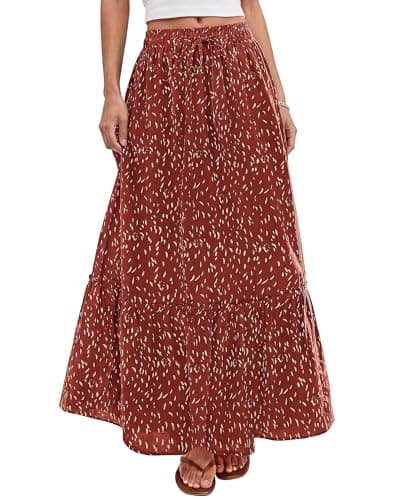 BTFBM Womens Boho Maxi Skirt 2026 Summer Floral High Waisted Flowy Tiered Long Spring Beach Vacation Skirts Pockets(Red, Small) - Image 1