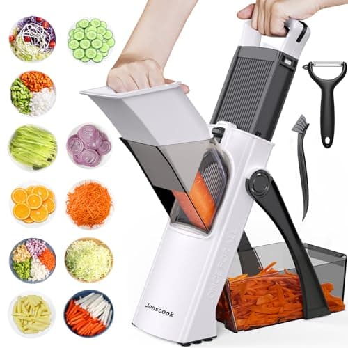 Jonscook All-in-1 Update Safe Mandoline Slicer for Kitchen, Food Chopper with Container, Thickness Adjustable Vegetable Chopper, Potato French Fry Cutter Tomato Apple Slicer Onion (BlackWhite) - Image 1