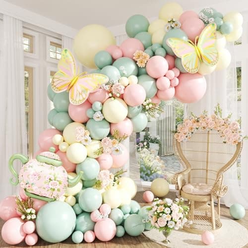 JOYFLOAT Tea Party Decorations Pastel Pink Yellow Balloon Garland Arch Kit with Teapot Butterfly Foil Balloons for Tea Party Princess Birthday Spring Garden Baby Shower Bridal Shower Decoration - Image 1