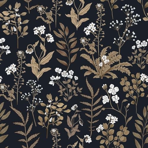Abyssaly Black and Gold Wallpaper Dark Floral Peel and Stick Wallpaper Vintage Leaf Contact Paper Removable Self Adhesive Waterproof Moody Vinyl Wrap for Bedroom Bathroom Cabinet Decor 17.3" x 196.8" - Image 1