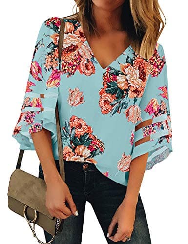 luvamia Women's Casual V Neck Tops 3/4 Bell Sleeve Mesh Panel Shirts Loose Tops Blouses Floral Print Blue Size S - Image 1