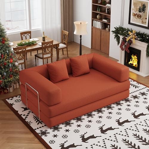 59.0 Inch Convertible Sofa Bed, 4-in-1Futon Sofas Bed Pull Out Sleeper Couch, Modern Deep Seat Sofa for Living Room, Corduroy Boneless Couches for Bedroom, Apartment, No Assembly, Orange, 59" 2 Seat - Image 1