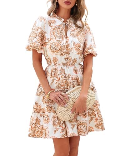 BTFBM Women Summer Floral Short Dresses V Neck Short Sleeve Tiered Ruffle Boho Swing Dress A-Line Mini Dresses(White Apricot Floral,X-Large) - Image 1