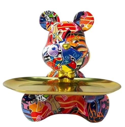 Coniuty Abstract Graffiti Bear Statue with Tray for Candy and Accessory, Eclectic Resin Animal Sculpture Home Decor for Living Room, Office on Table, Shelf and Cabinet (A) - Image 1